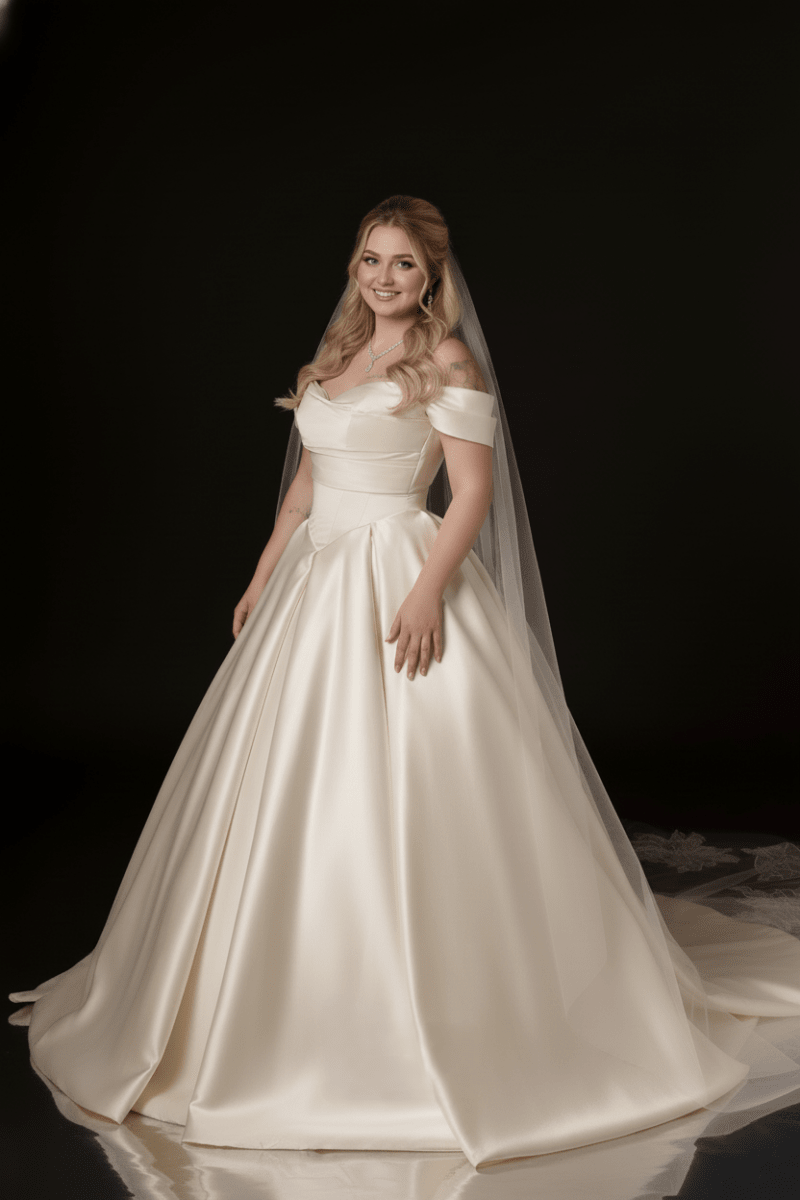Off Shoulder Satin A - Line Wedding Dress Elegant Bridal Gown Plus Size Friendly - Wedding Dress - SilqueBridal