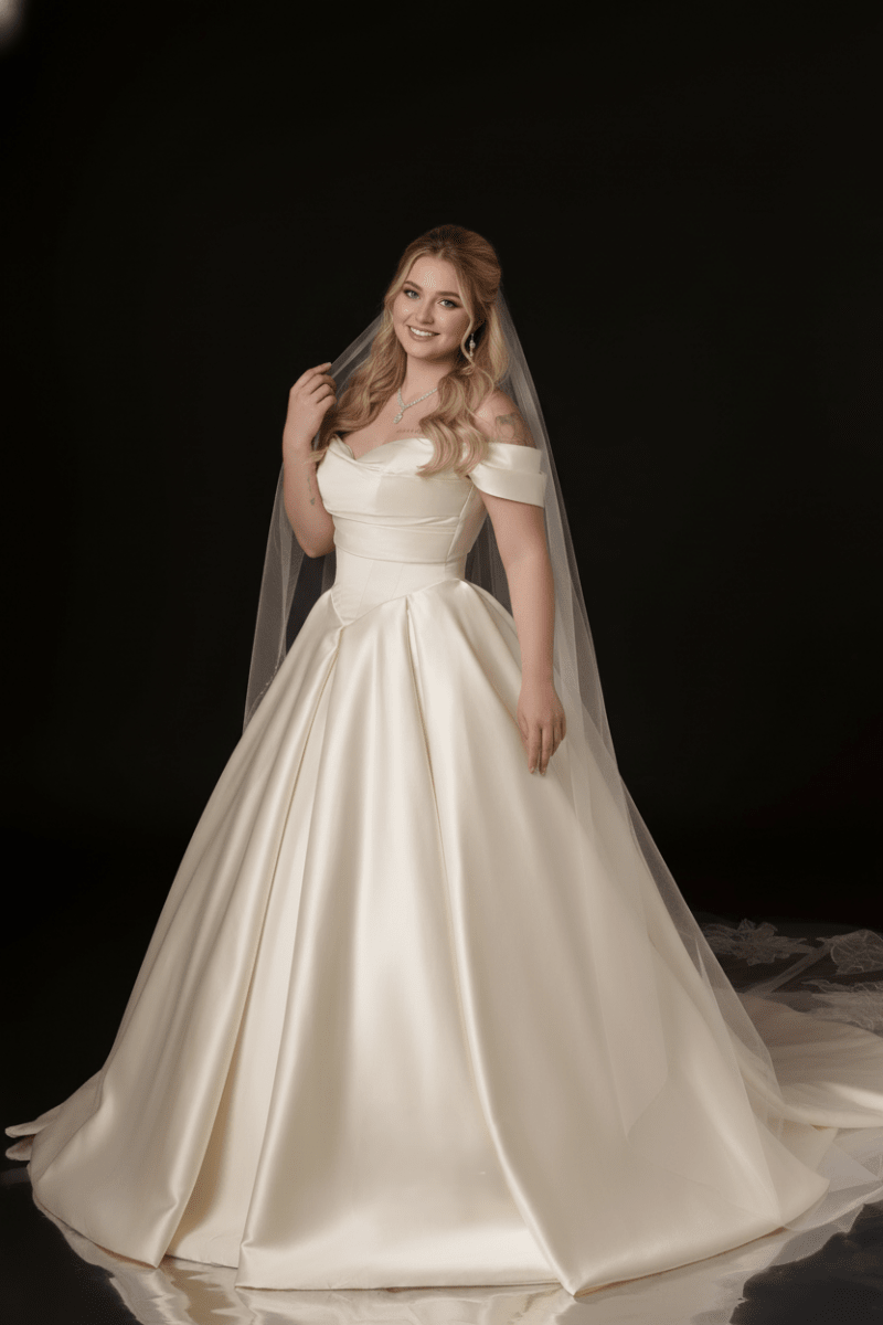 Off Shoulder Satin A - Line Wedding Dress Elegant Bridal Gown Plus Size Friendly - Wedding Dress - SilqueBridal