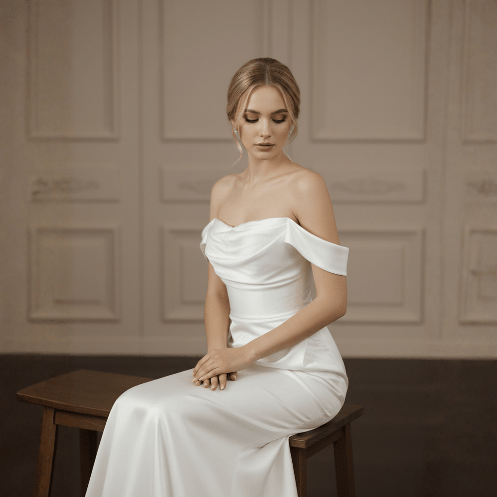 Off Shoulder Satin Wedding Dress – Simple Minimalist Fit and Flare Bridal Gown | Silque Bridal - Wedding Dress - SilqueBridal