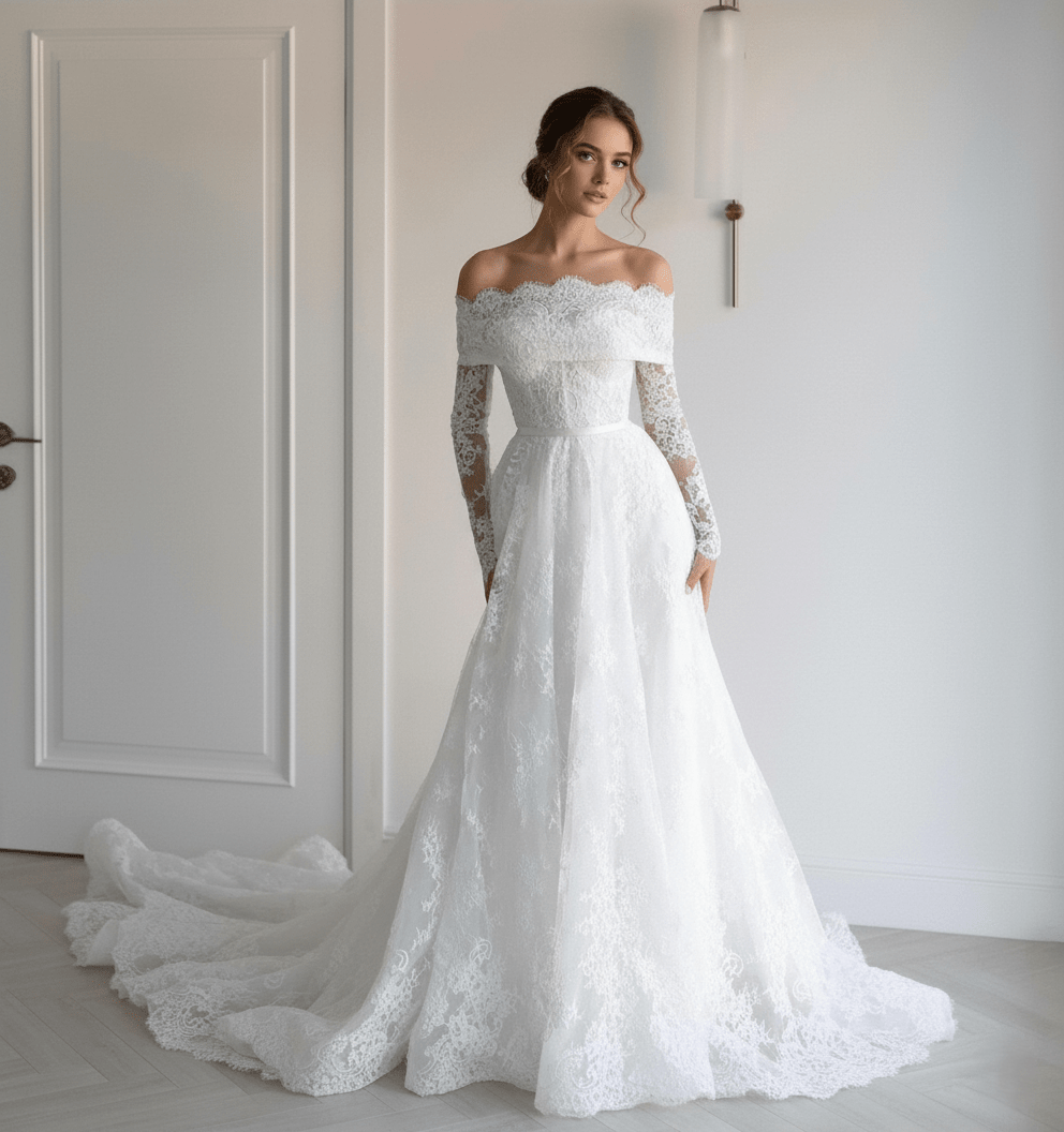 Off - the - Shoulder Lace Wedding Dress with Long Sleeves – Classic A - Line - Wedding Dress - SilqueBridal