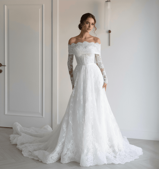 Off - the - Shoulder Lace Wedding Dress with Long Sleeves – Classic A - Line - Wedding Dress - SilqueBridal