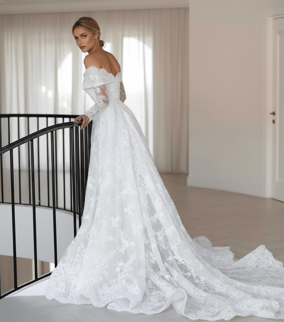 Off - the - Shoulder Lace Wedding Dress with Long Sleeves – Classic A - Line - Wedding Dress - SilqueBridal