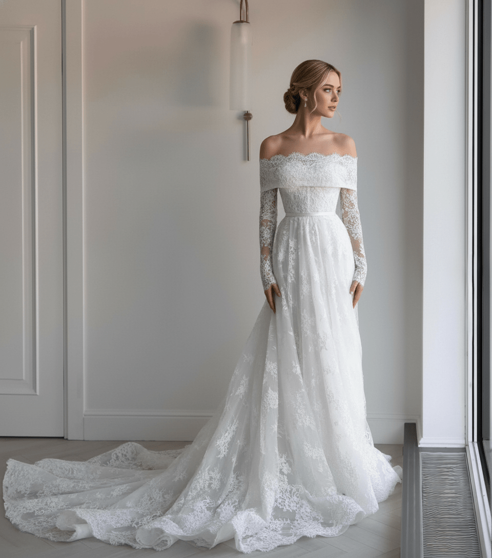 Off - the - Shoulder Lace Wedding Dress with Long Sleeves – Classic A - Line - Wedding Dress - SilqueBridal