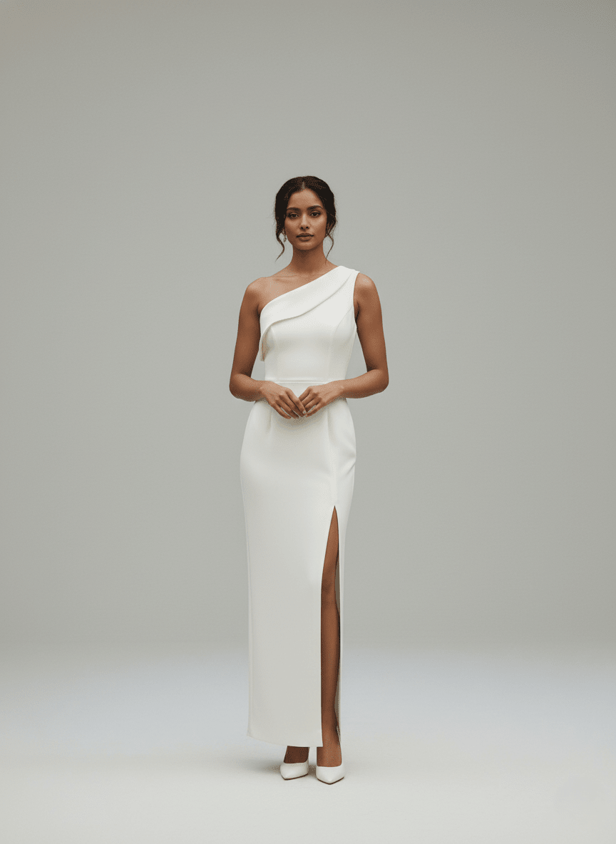 One Shoulder Wedding Dress Minimalist Slit Bridal Gown Modern Sheath Dress - Wedding Dress - SilqueBridal