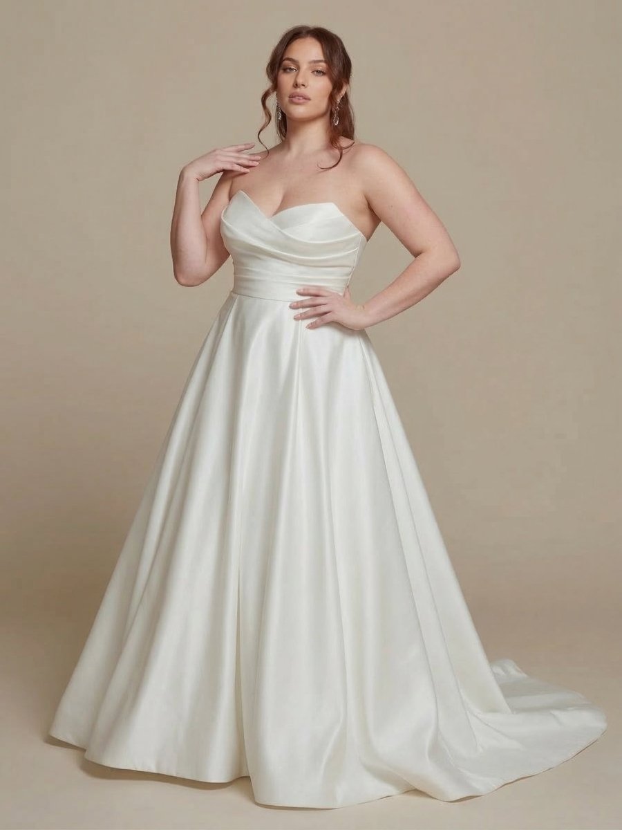 Plus Size A - Line Satin Wedding Dress Strapless Sweetheart Minimalist Bridal Gown - Wedding Dress - SilqueBridal