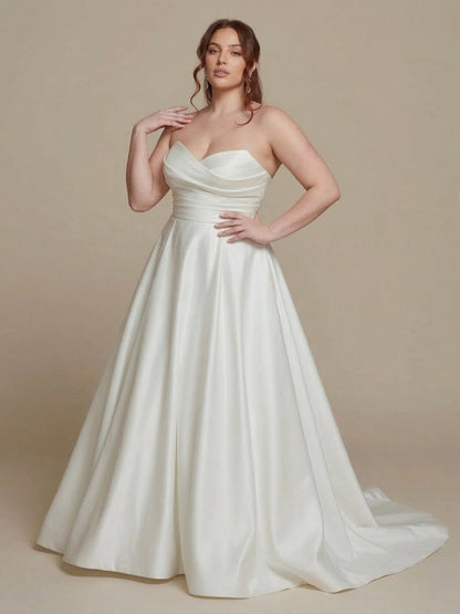 Plus Size A - Line Satin Wedding Dress Strapless Sweetheart Minimalist Bridal Gown - Wedding Dress - SilqueBridal
