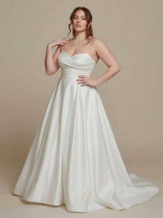 Plus Size A - Line Satin Wedding Dress Strapless Sweetheart Minimalist Bridal Gown - Wedding Dress - SilqueBridal