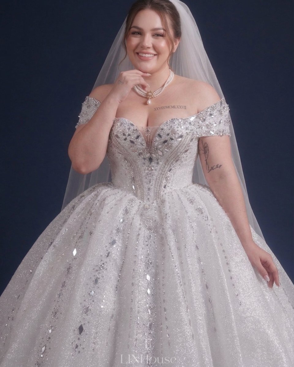 Plus Size Ball Gown Wedding Dress Off Shoulder Sparkly Princess Bridal Gown Corset - Wedding Dress - SilqueBridal