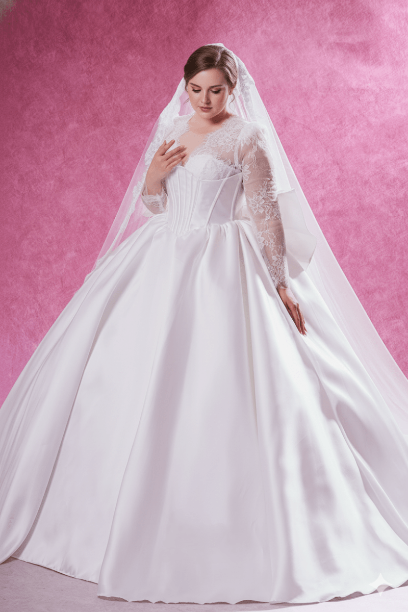 Plus Size Long Sleeve Ball Gown Wedding Dress Modest Satin Corset Bridal Gown - Wedding Dress - SilqueBridal