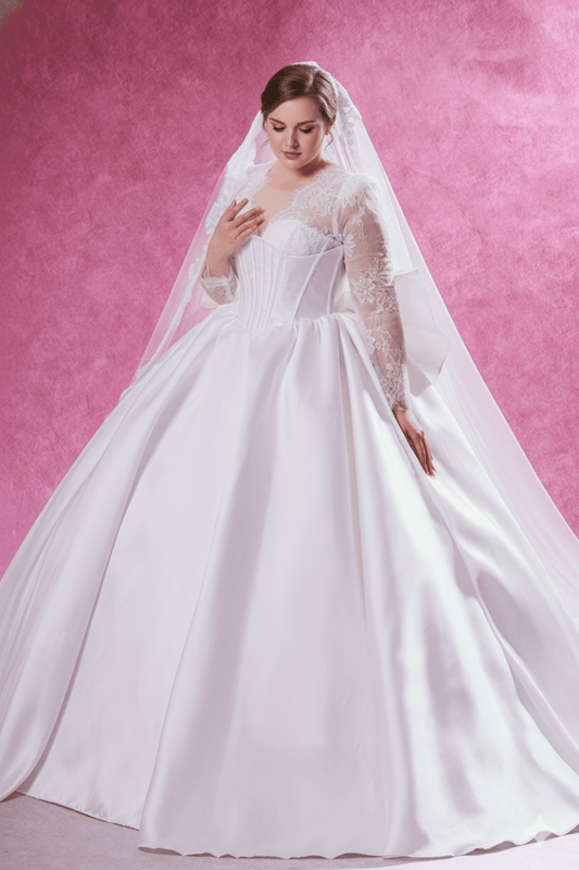 Plus Size Long Sleeve Ball Gown Wedding Dress Modest Satin Corset Bridal Gown - Wedding Dress - SilqueBridal