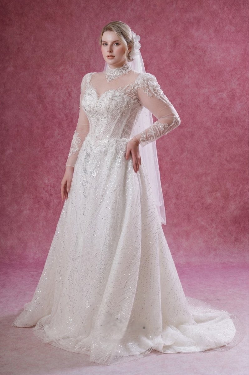Plus Size Modest Wedding Dress Long Sleeve Lace High Neck A - Line Bridal Gown - Wedding Dress - SilqueBridal