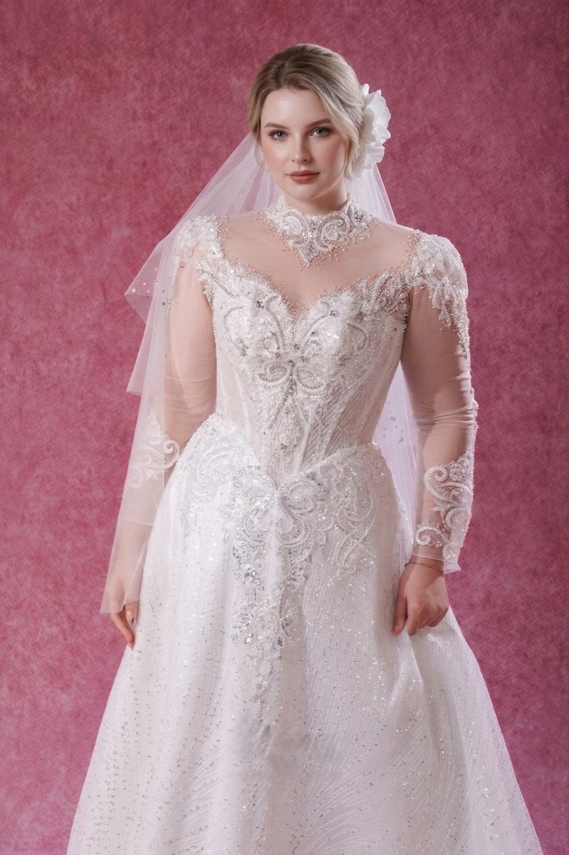 Plus Size Modest Wedding Dress Long Sleeve Lace High Neck A - Line Bridal Gown - Wedding Dress - SilqueBridal