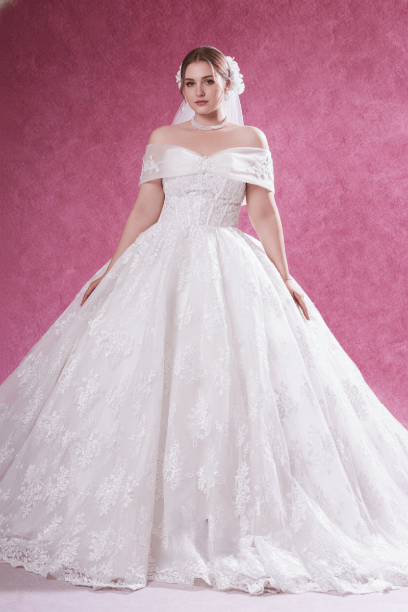 Plus Size Off Shoulder Ball Gown Wedding Dress Lace Princess Bridal Gown - Wedding Dress - SilqueBridal