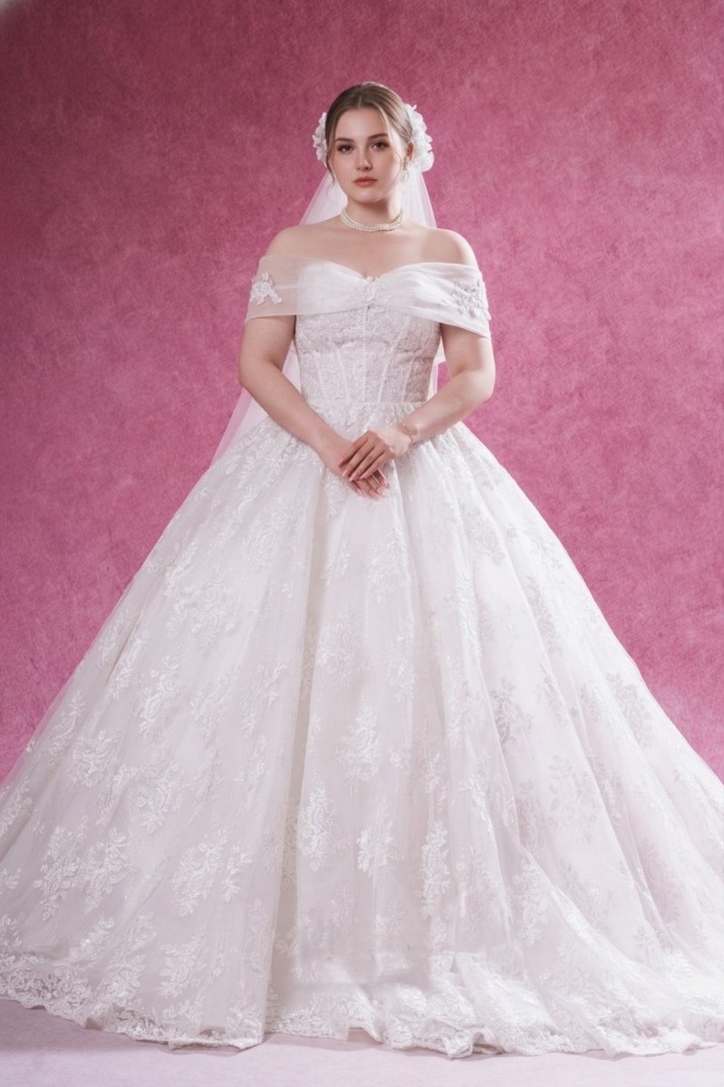 Plus Size Off Shoulder Ball Gown Wedding Dress Lace Princess Bridal Gown - Wedding Dress - SilqueBridal