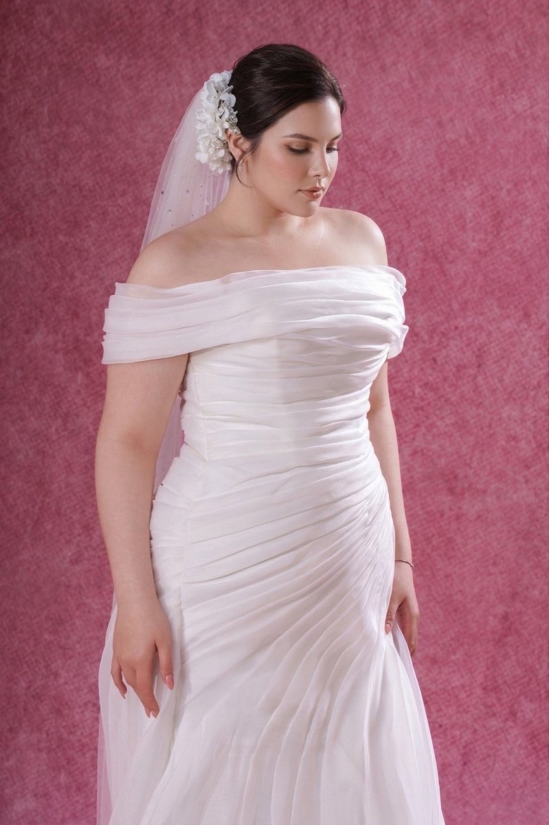 Plus Size Off Shoulder Wedding Dress Draped Chiffon A - Line Bridal Gown Romantic Dress - Wedding Dress - SilqueBridal