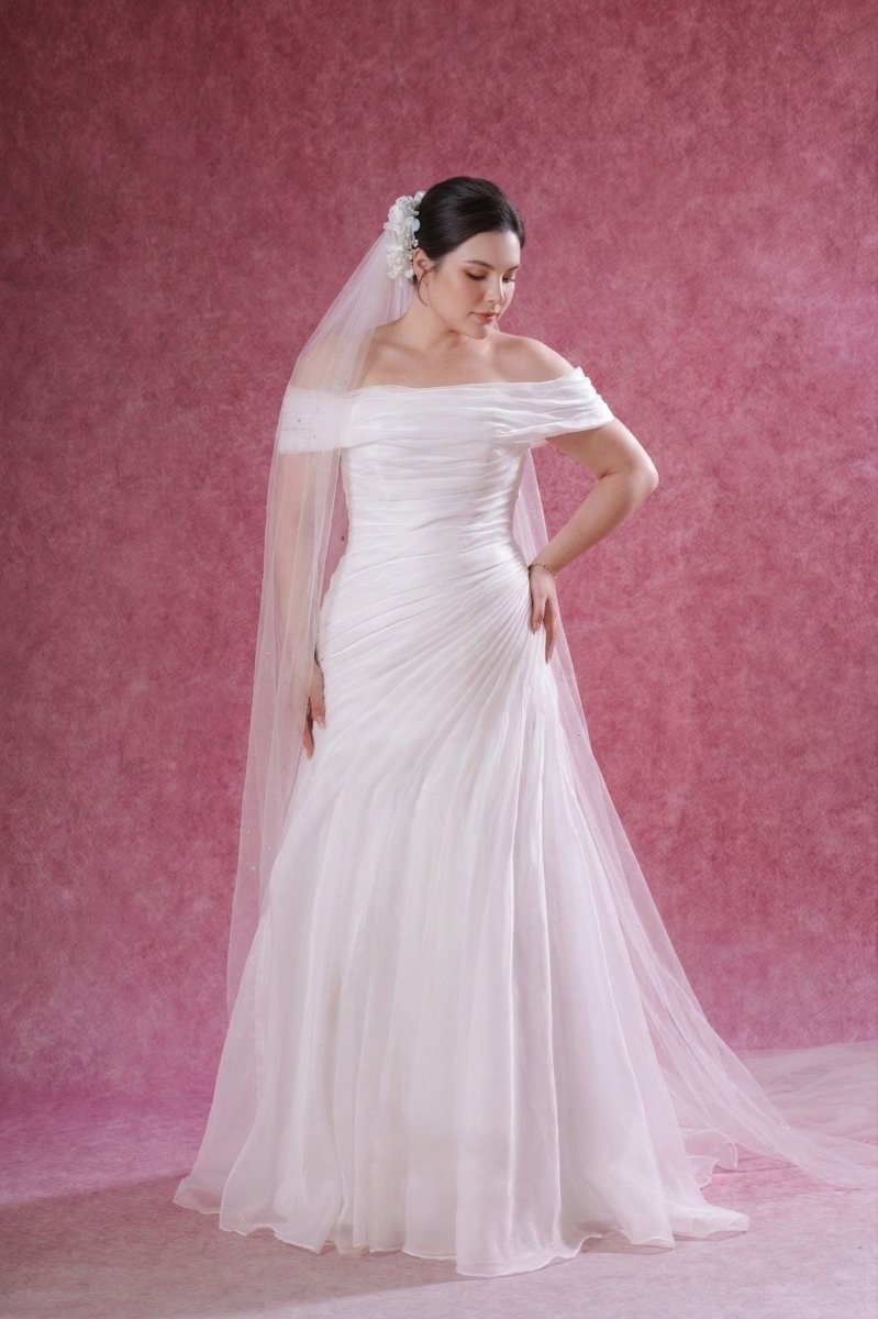 Plus Size Off Shoulder Wedding Dress Draped Chiffon A - Line Bridal Gown Romantic Dress - Wedding Dress - SilqueBridal