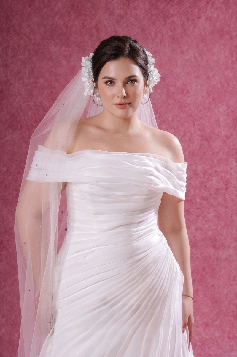 Plus Size Off Shoulder Wedding Dress Draped Chiffon A - Line Bridal Gown Romantic Dress - Wedding Dress - SilqueBridal