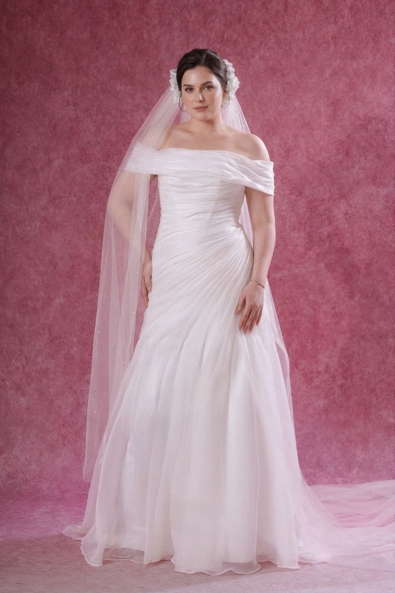 Plus Size Off Shoulder Wedding Dress Draped Chiffon A - Line Bridal Gown Romantic Dress - Wedding Dress - SilqueBridal