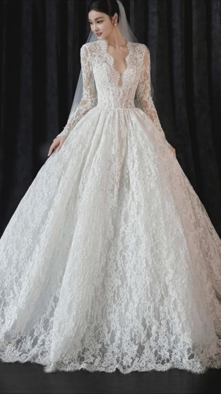 Long Sleeve Lace Ball Gown Wedding Dress – Deep V-Neck Bridal Look