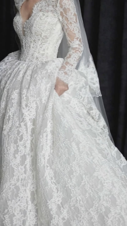 Long Sleeve Lace Ball Gown Wedding Dress – Deep V-Neck Bridal Look