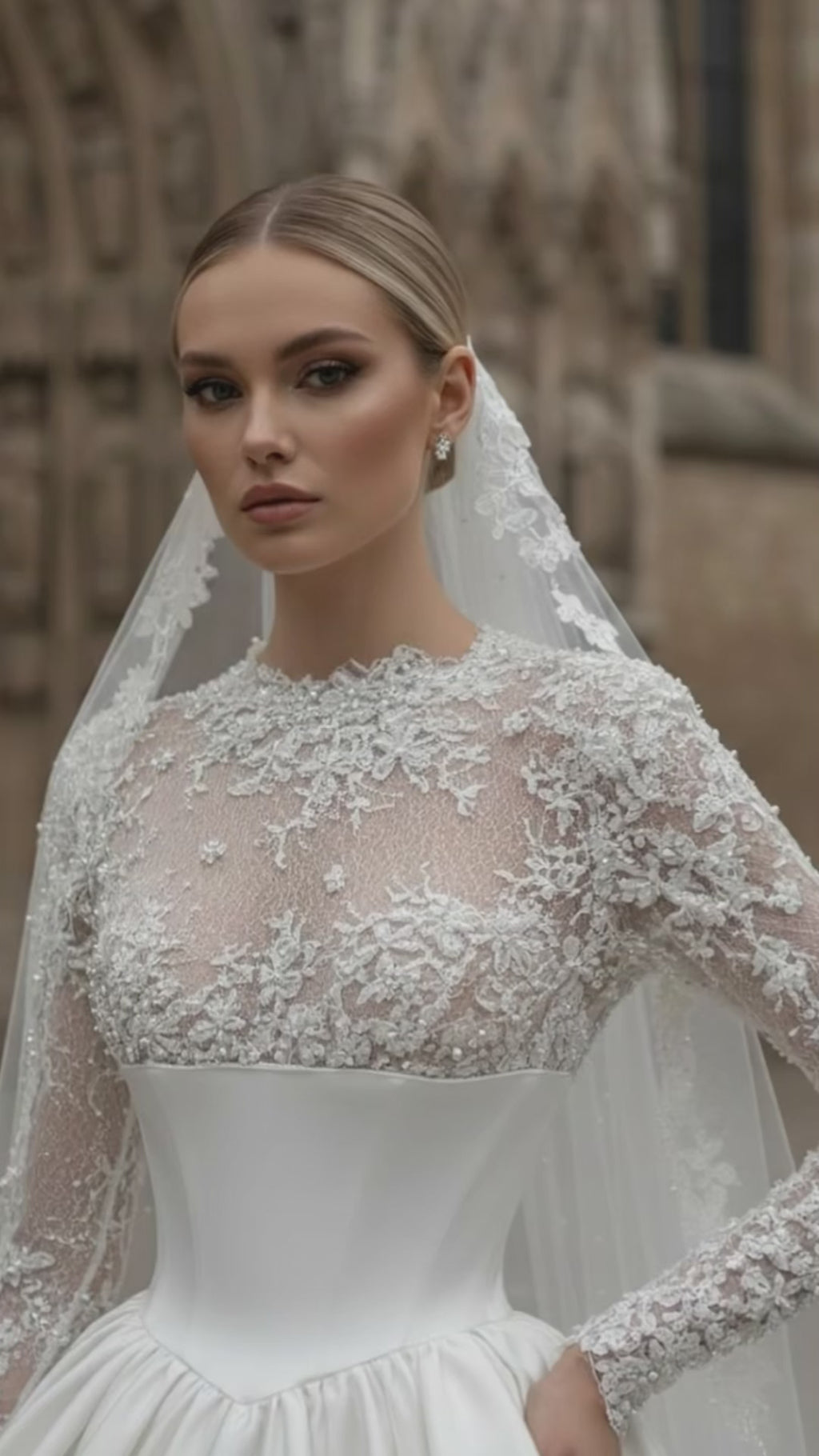 Ethereal Lace Long-Sleeve Wedding Gown with Satin Corset