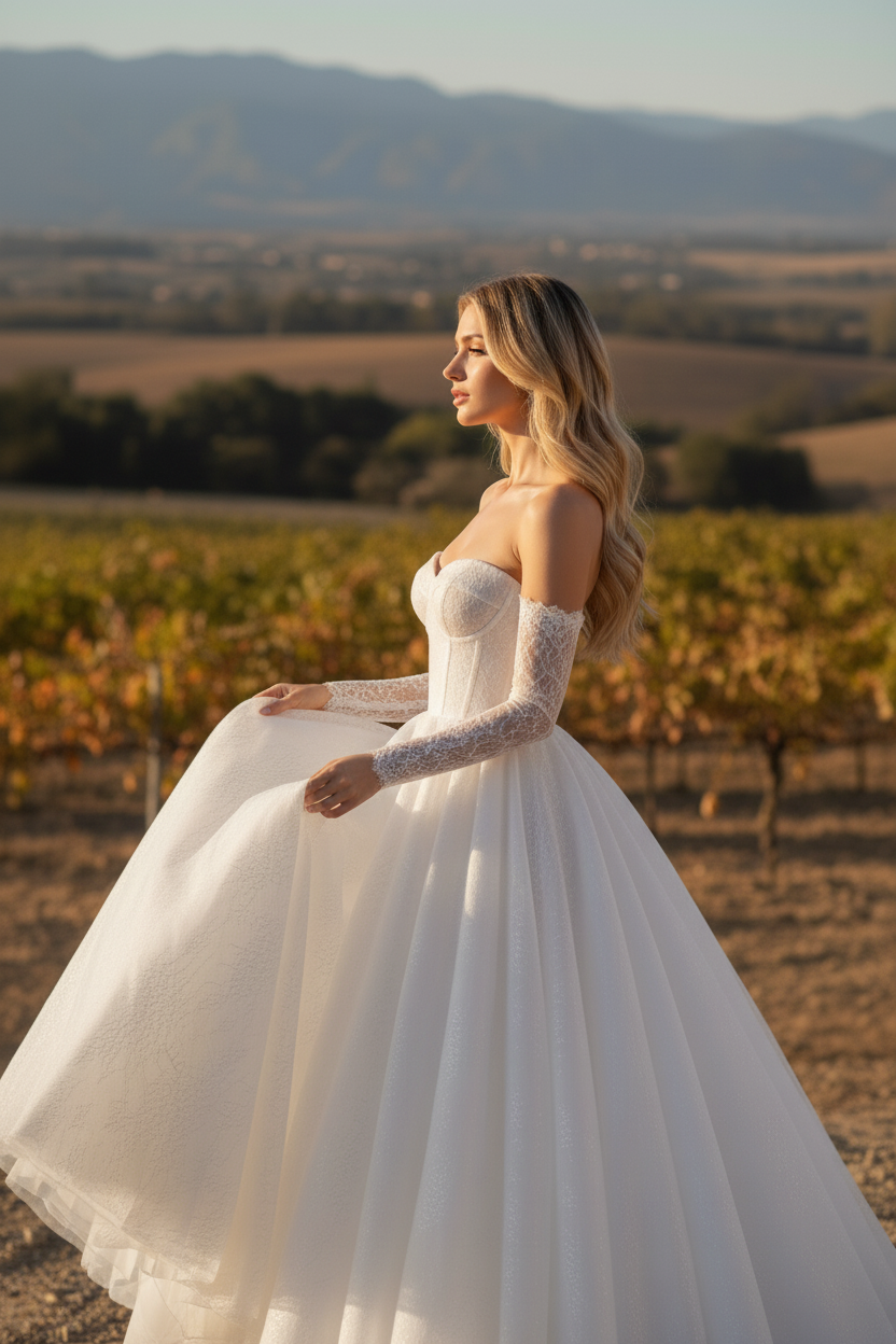 Romantic Off-Shoulder Lace Sleeve Ball Gown | Silque