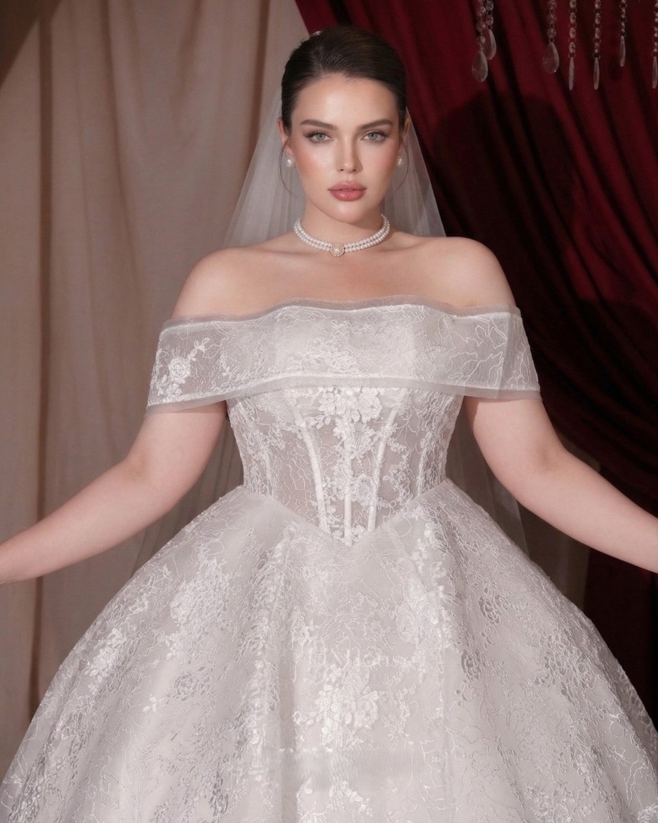 Romantic Plus Size Off - the - Shoulder Lace Corset Ball Gown - Wedding Dress - SilqueBridal