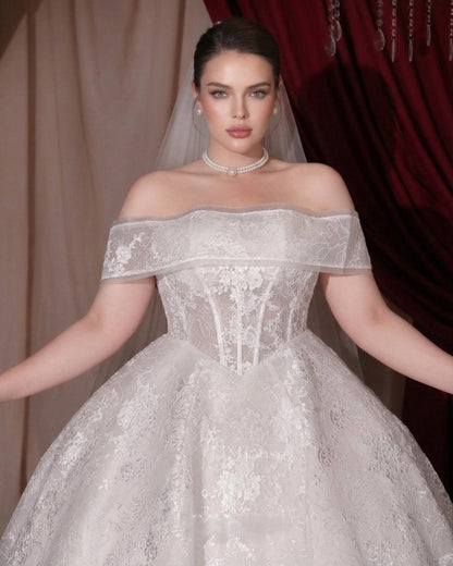 Romantic Plus Size Off - the - Shoulder Lace Corset Ball Gown - Wedding Dress - SilqueBridal