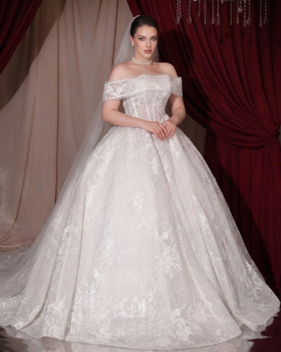 Romantic Plus Size Off - the - Shoulder Lace Corset Ball Gown - Wedding Dress - SilqueBridal