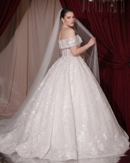 Romantic Plus Size Off - the - Shoulder Lace Corset Ball Gown - Wedding Dress - SilqueBridal