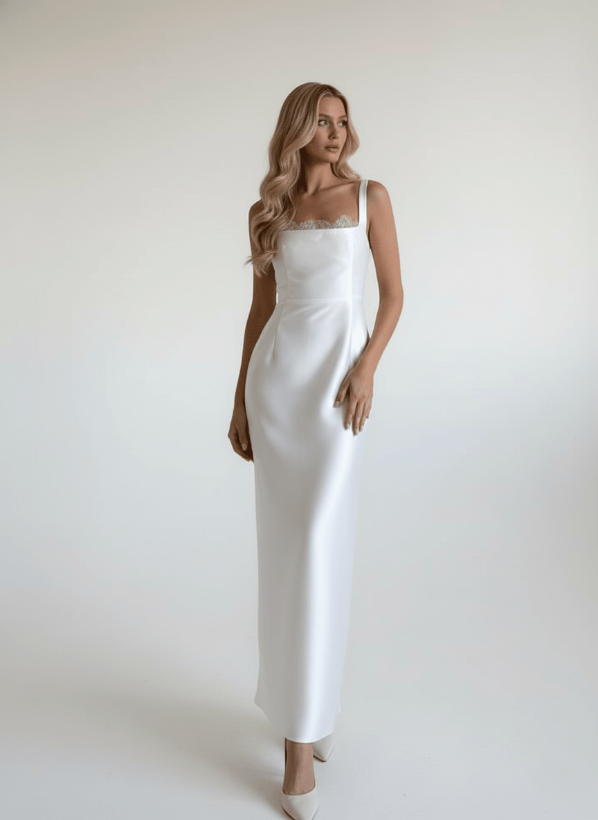 Satin Fitted Wedding Dress Square Neck Lace Trim Minimalist Bridal Gown - Wedding Dress - SilqueBridal