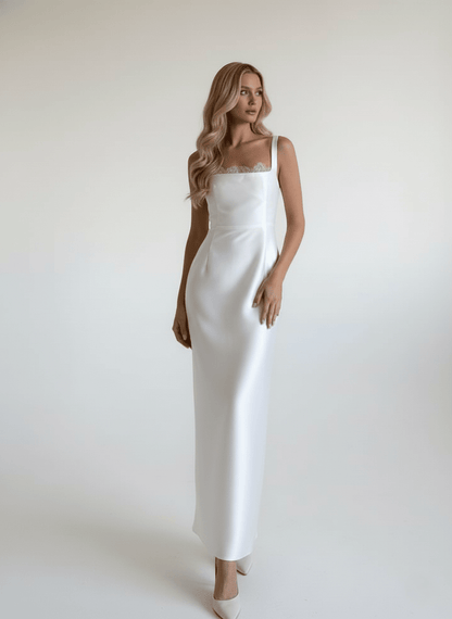 Satin Fitted Wedding Dress Square Neck Lace Trim Minimalist Bridal Gown - Wedding Dress - SilqueBridal