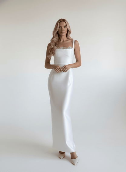 Satin Fitted Wedding Dress Square Neck Lace Trim Minimalist Bridal Gown - Wedding Dress - SilqueBridal
