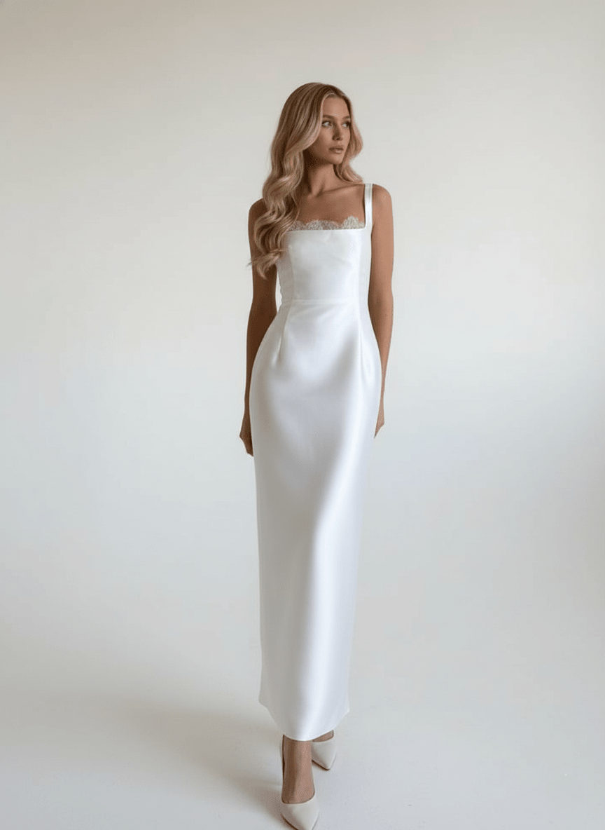 Satin Fitted Wedding Dress Square Neck Lace Trim Minimalist Bridal Gown - Wedding Dress - SilqueBridal