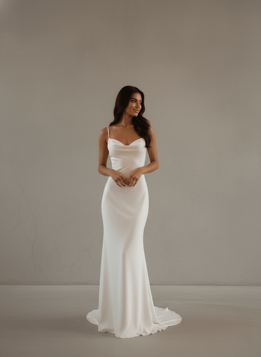 Satin Slip Wedding Dress Spaghetti Strap Cowl Neck Fitted Bridal Gown - Wedding Dress - SilqueBridal