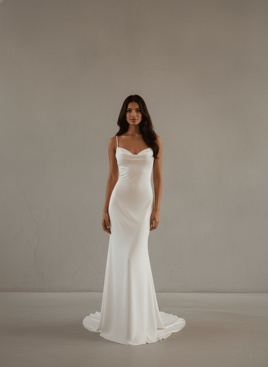 Satin Slip Wedding Dress Spaghetti Strap Cowl Neck Fitted Bridal Gown - Wedding Dress - SilqueBridal