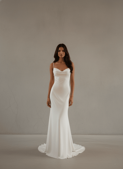Satin Slip Wedding Dress Spaghetti Strap Cowl Neck Fitted Bridal Gown - Wedding Dress - SilqueBridal