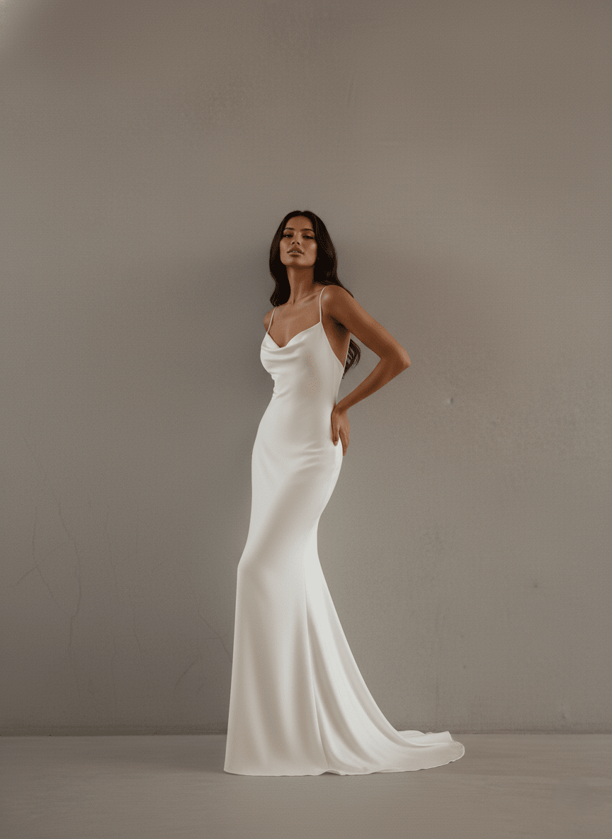 Satin Slip Wedding Dress Spaghetti Strap Cowl Neck Fitted Bridal Gown - Wedding Dress - SilqueBridal
