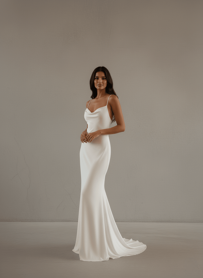 Satin Slip Wedding Dress Spaghetti Strap Cowl Neck Fitted Bridal Gown - Wedding Dress - SilqueBridal