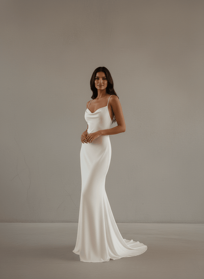 Satin Slip Wedding Dress Spaghetti Strap Cowl Neck Fitted Bridal Gown - Wedding Dress - SilqueBridal