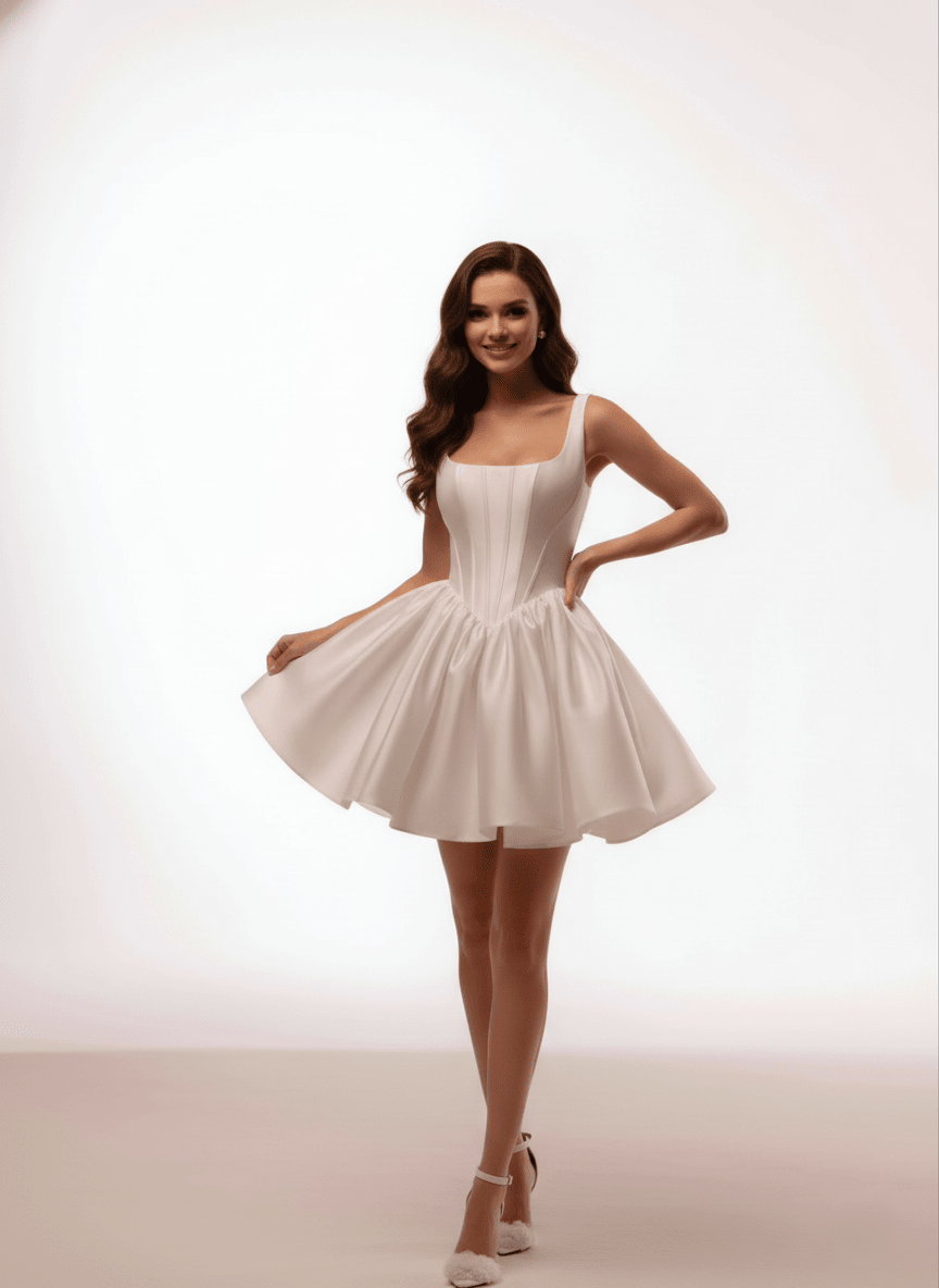 Short Square - Neck Wedding Dress – Corset Bodice, Satin Mini Skirt & Modern Bridal Look - Wedding Dress - SilqueBridal