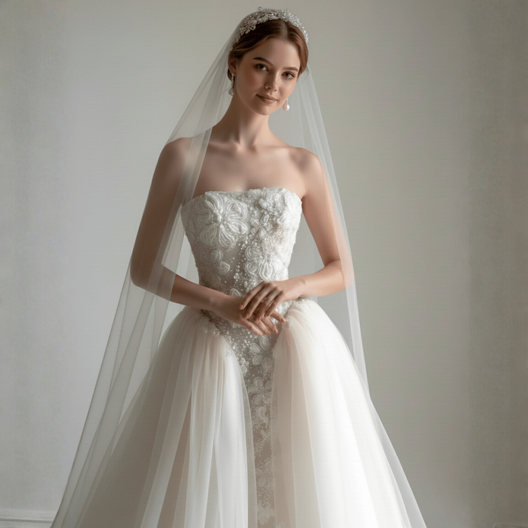 Strapless Lace Ball Gown with Layered Tulle Overskirt – Timeless Couture Elegance | Silque Brida - Wedding Dress - SilqueBridal