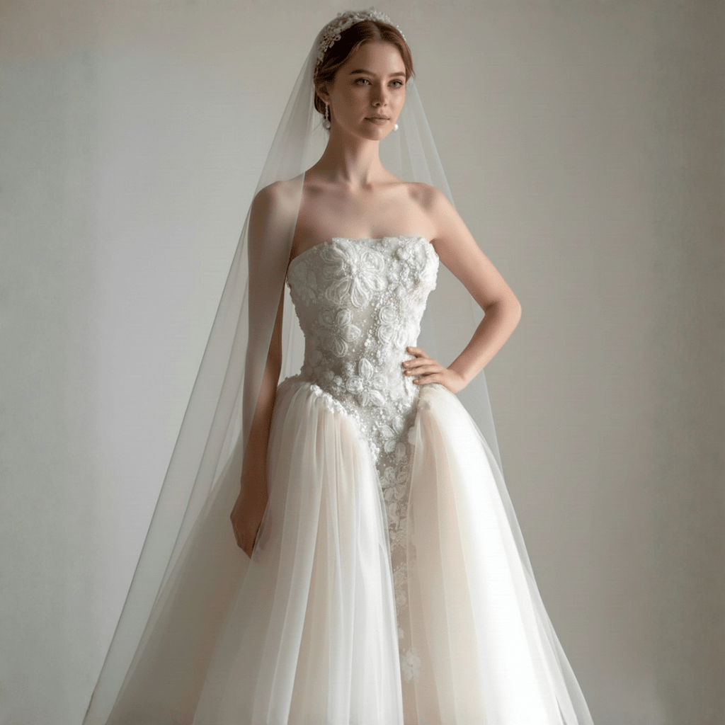 Strapless Lace Ball Gown with Layered Tulle Overskirt – Timeless Couture Elegance | Silque Brida - Wedding Dress - SilqueBridal