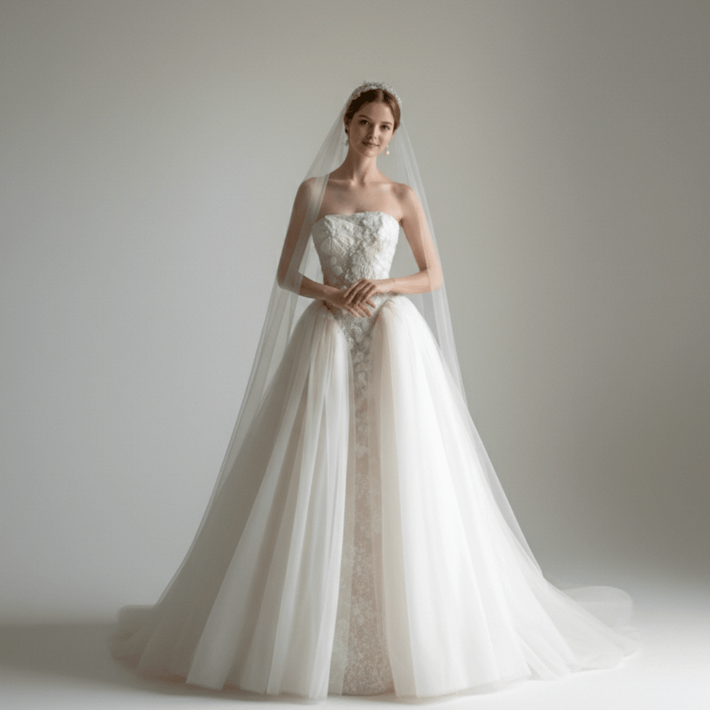 Strapless Lace Ball Gown with Layered Tulle Overskirt – Timeless Couture Elegance | Silque Brida - Wedding Dress - SilqueBridal