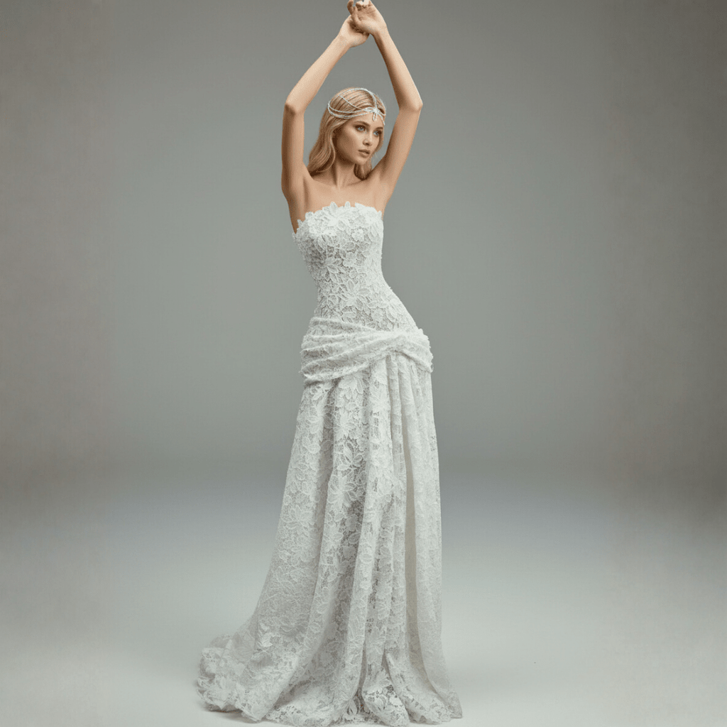 Strapless Lace Fit and Flare Wedding Dress – Modern Romantic Bridal Gown | Silque Bridal - Wedding Dress - SilqueBridal