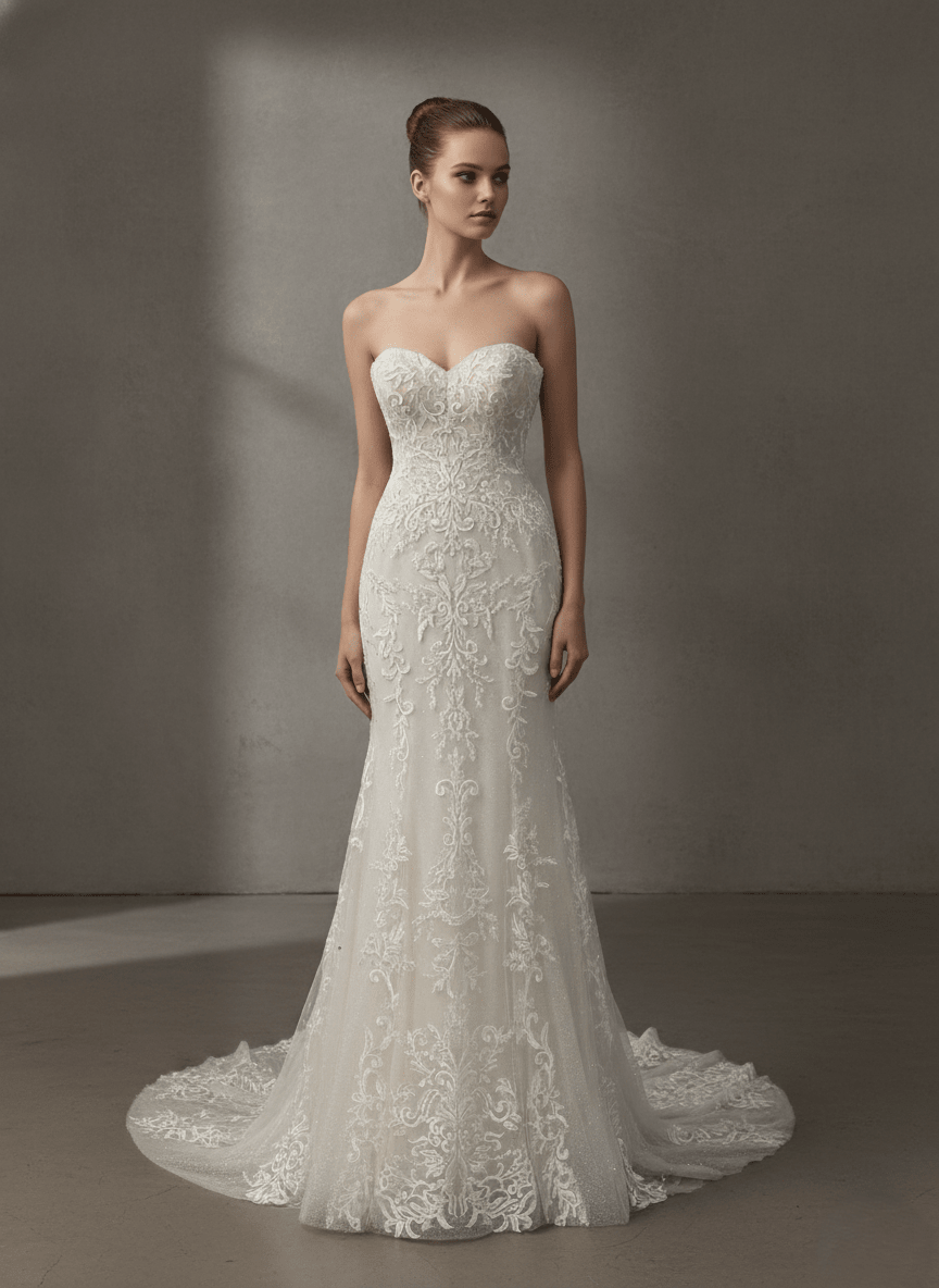 Strapless Lace Mermaid Wedding Dress Sweetheart Corset Bridal Gown Fitted Elegant Train Dress - Wedding Dress - SilqueBridal