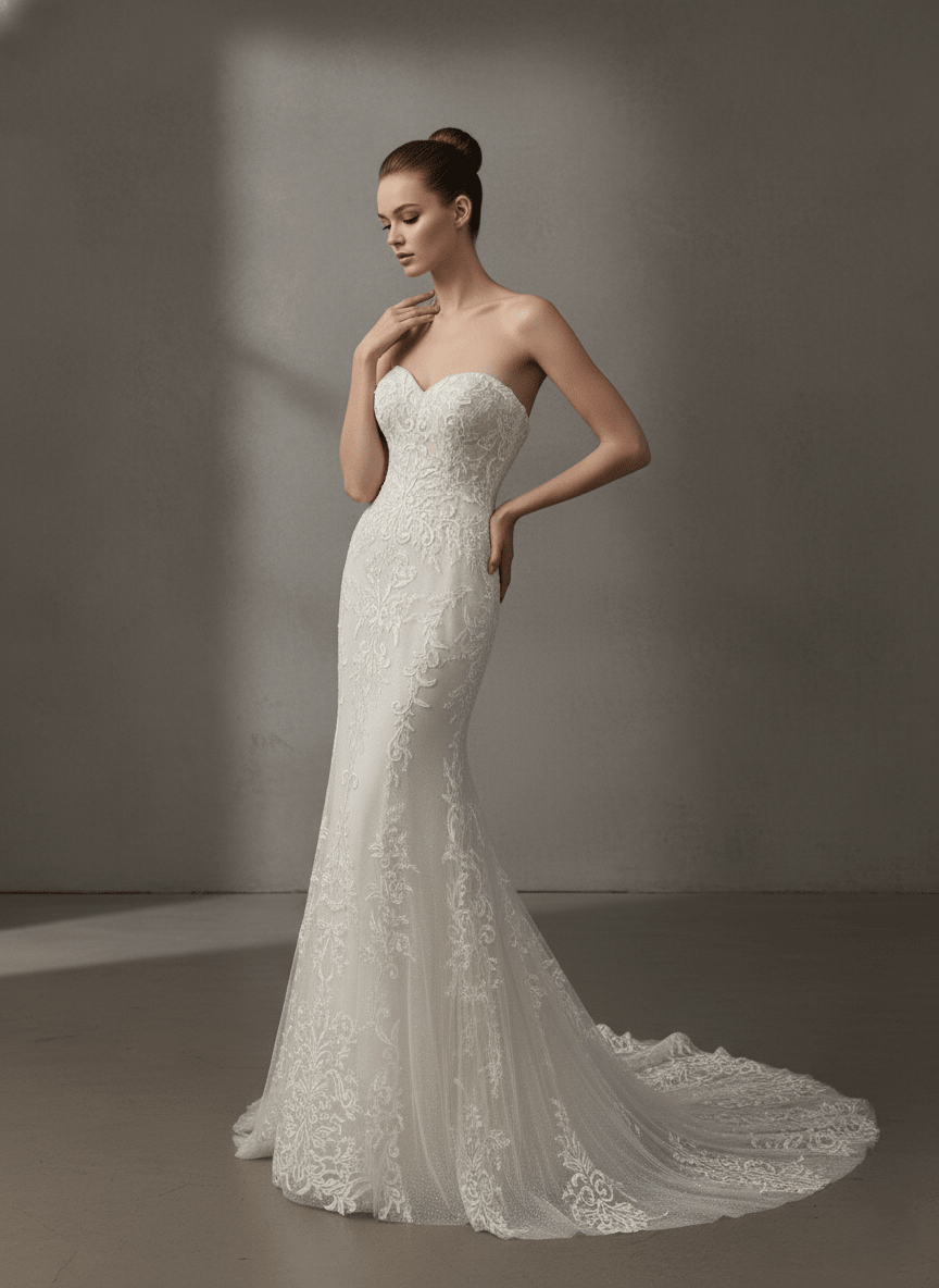 Strapless Lace Mermaid Wedding Dress Sweetheart Corset Bridal Gown Fitted Elegant Train Dress - Wedding Dress - SilqueBridal