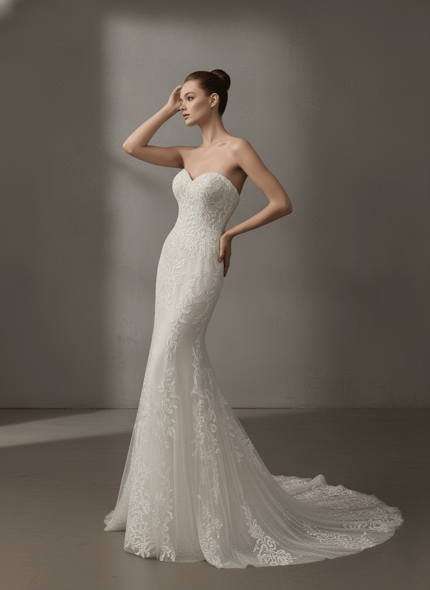 Strapless Lace Mermaid Wedding Dress Sweetheart Corset Bridal Gown Fitted Elegant Train Dress - Wedding Dress - SilqueBridal