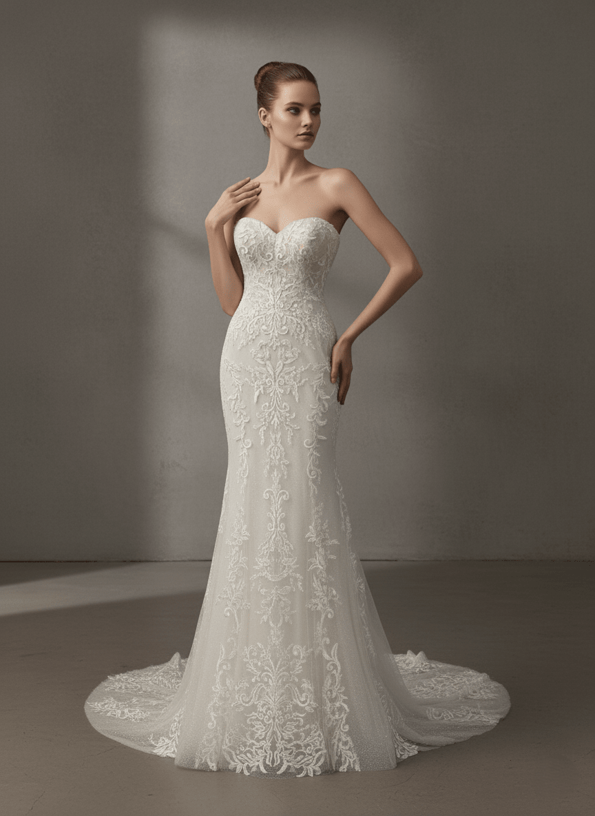 Strapless Lace Mermaid Wedding Dress Sweetheart Corset Bridal Gown Fitted Elegant Train Dress - Wedding Dress - SilqueBridal