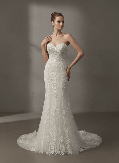 Strapless Lace Mermaid Wedding Dress Sweetheart Corset Bridal Gown Fitted Elegant Train Dress - Wedding Dress - SilqueBridal